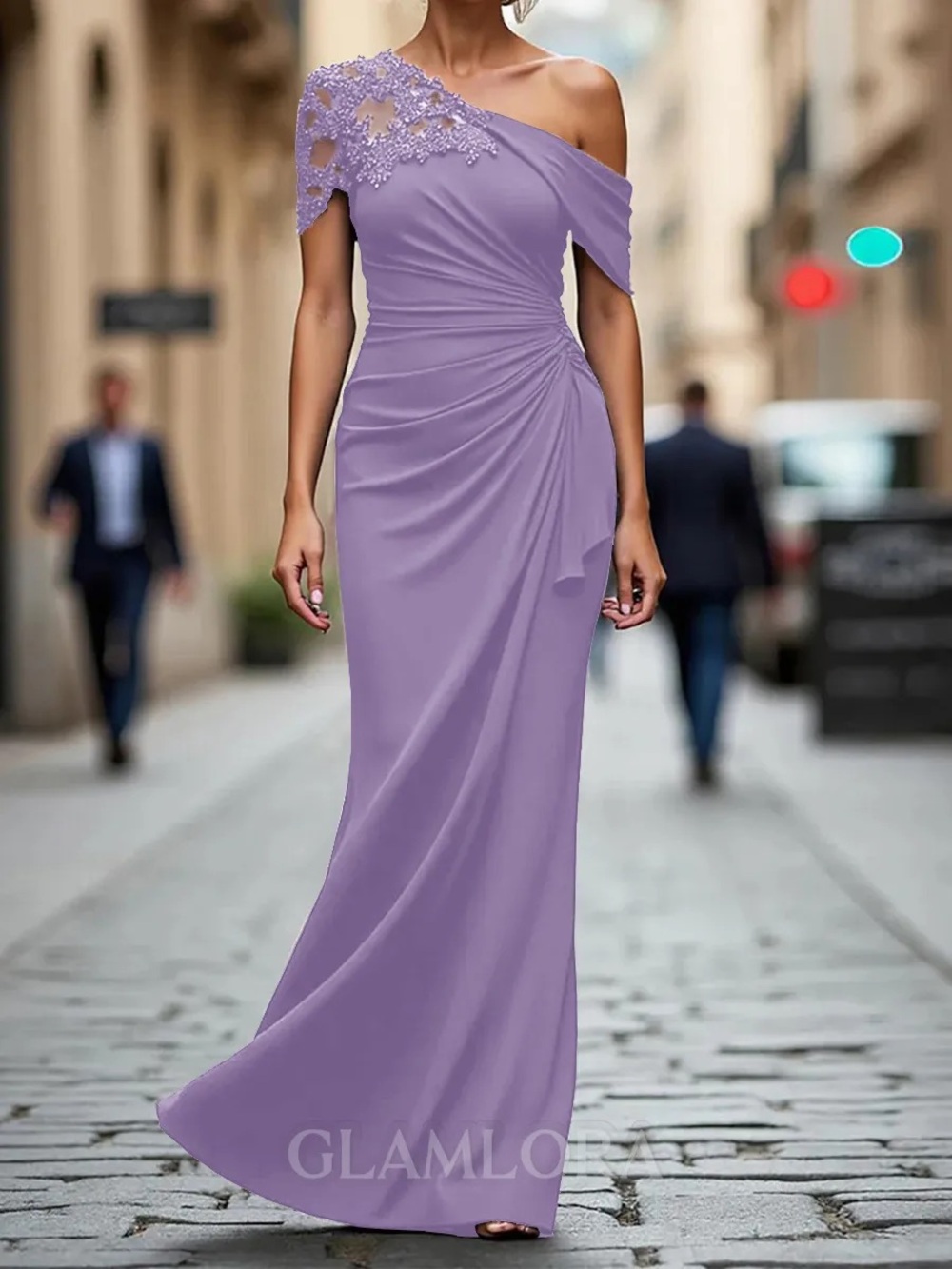 Ryanth Lilac Lavender Chiffon
Corset Gown One Shoulder Formal Dress
Size 8